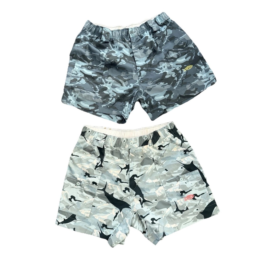 AFTCO Fishing Shorts Men 40 Camo Performance Stretch Blue Cargo Pockets 2 Pack